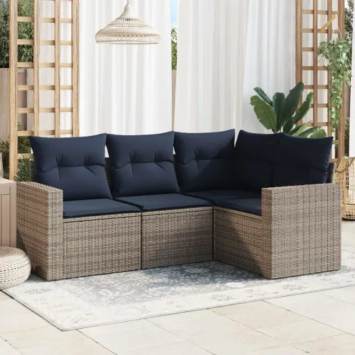 Conjunto Sofás p/ Jardim c/ Almofadões Vime PE Cinzento (4 pcs)