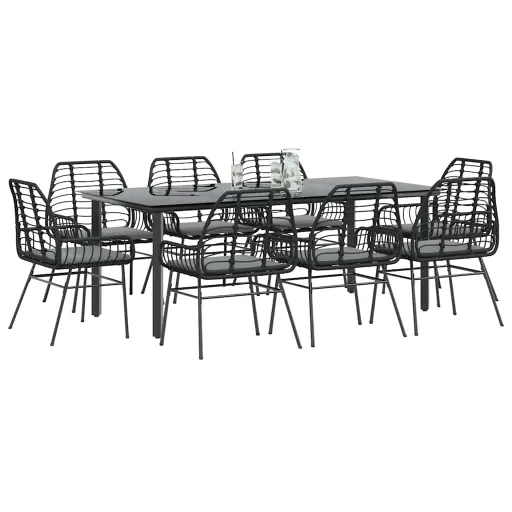 Conjunto de Jantar Jardim 9 Peças Almofadas Vidro Vime PE Preto