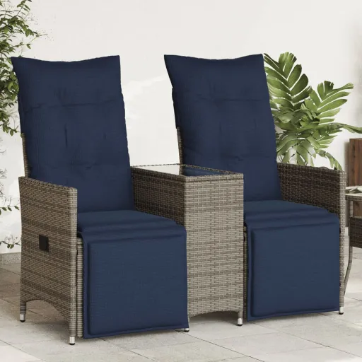 Sofá de Jardim Reclinável de 2 Lugares com Mesa em Vime Sintético Cinza