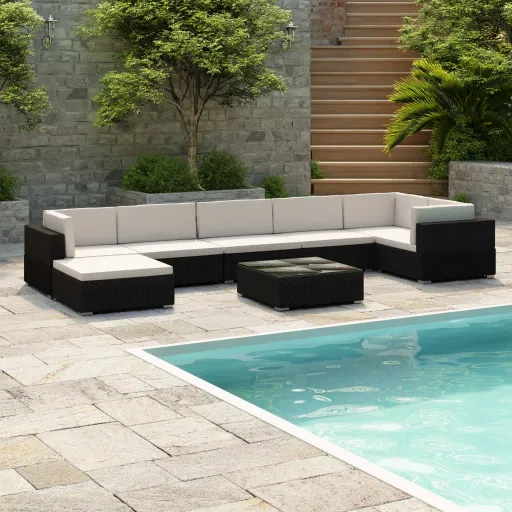 Conjunto Lounge de Jardim c/ Almofadões Vime PE Preto (8 pcs)