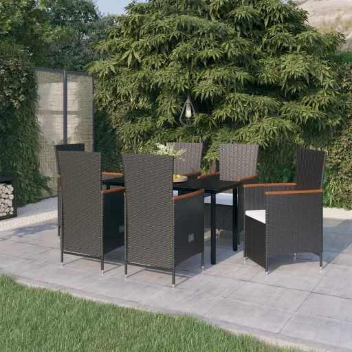 Conjunto de Jantar para Jardim com Almofadões Preto (7 pcs)