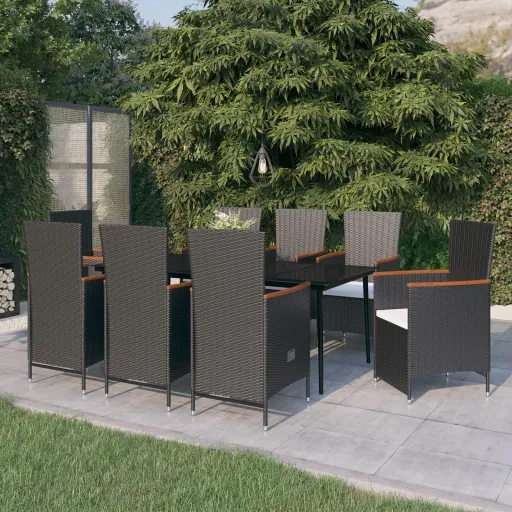 Conjunto de Jantar para Jardim com Almofadões Preto (9 pcs)