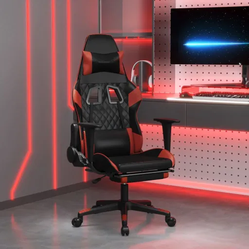Cadeira Gaming +Apoio Pés Couro Artificial Preto/Vermelho Tinto