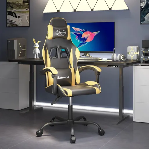 Cadeira Gaming Couro Artificial Preto e Dourado