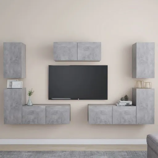 Conjunto de Móveis de TV Contraplacado Cinzento Cimento (7 pcs)