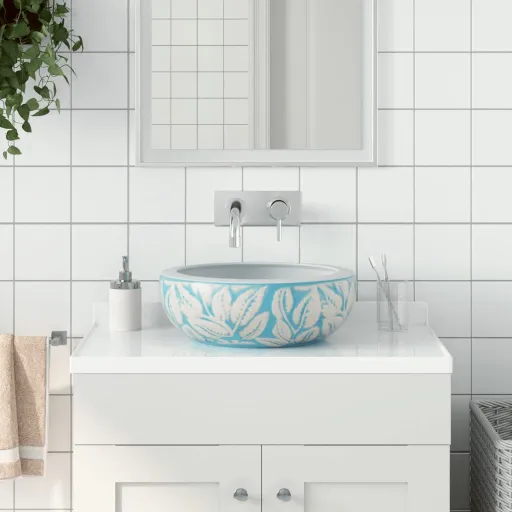 Pia de Bancada Redonda Φ41x14 cm Cerâmica Azul e Branco