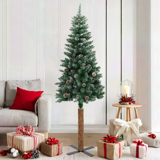 Árvore de Natal Fina Madeira Genuína e Neve Branca 180 cm Verde