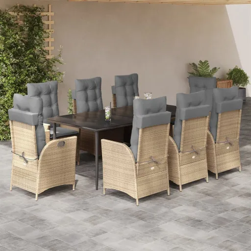 Conjunto de Jantar p/ Jardim com Almofadões Vime PE Bege (9 pcs)
