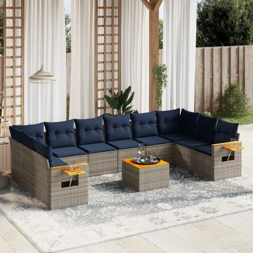 Conjunto Sofás de Jardim c/ Almofadões Vime PE Cinzento (11 pcs)