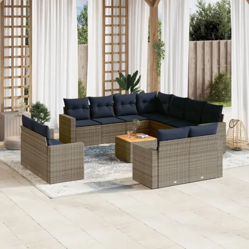 Conjunto Sofás p/ Jardim c/ Almofadões Vime PE Cinzento (12 pcs)