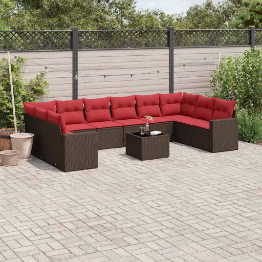 Conjunto Sofás de Jardim c/ Almofadões Vime PE Castanho (11 pcs)