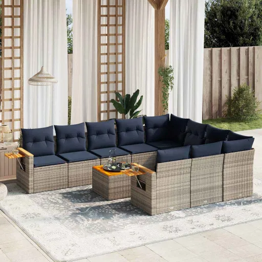 Conjunto Sofás de Jardim c/ Almofadões Vime PE Cinzento (11 pcs)