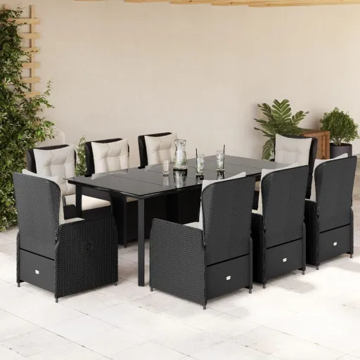 Conjunto de Jantar p/ Jardim c/ Almofadões Vime PE Preto (9 pcs)