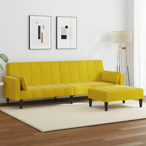 Sofá-Cama 2 Lugares c/ Apoio de Pés Veludo Amarelo