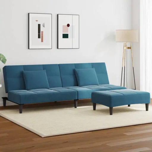 Sofá-Cama 2 Lugares c/ Apoio de Pés Veludo Azul