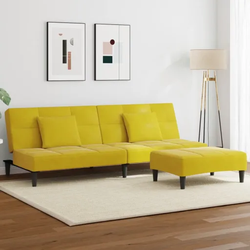 Sofá-Cama 2 Lugares c/ Apoio de Pés Veludo Amarelo