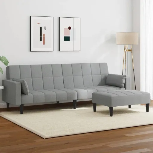 Sofá-Cama de 2 Lugares c/ Apoio de Pés Tecido Cinzento-Claro