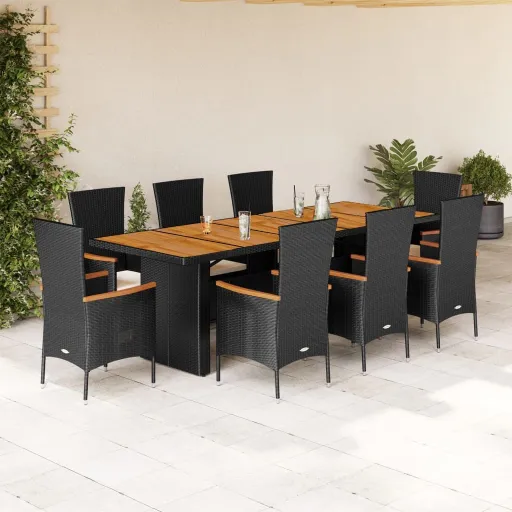 Conjunto de Jantar p/ Jardim c/ Almofadões Vime PE Preto (9 pcs)