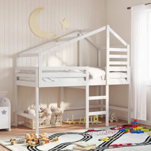 Cama Alta c/ Escada e Telhado 90x190 cm Pinho Maciço Branco