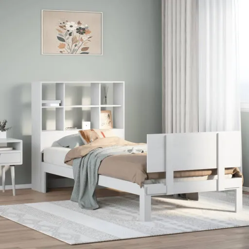 Cama com Estante Sem Colchão 90x200 cm Pinho Maciço Branco