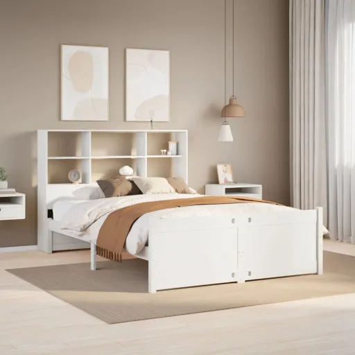 Cama com Estante Sem Colchão 120x190 cm Pinho Maciço Branco