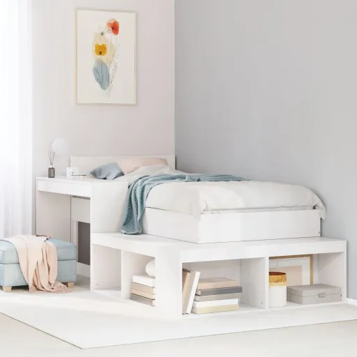 Mesa de Cabeceira com Secretária Branca 232x122x75 cm Madeira Maciça Pinho