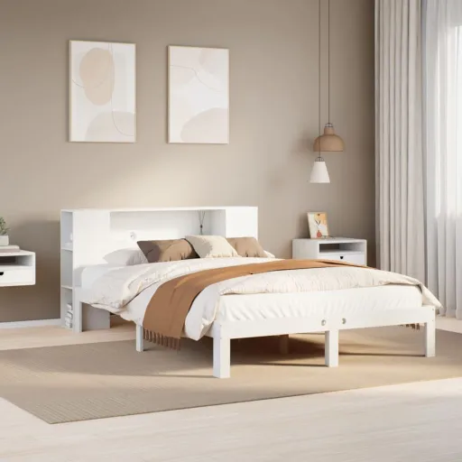 Cama com Estante Sem Colchão 135x190 cm Pinho Maciço Branco