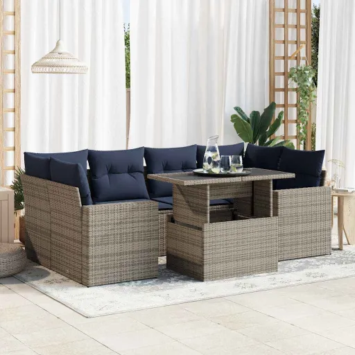 Conjunto Sofás Jardim Almofadões Vime PE/Acácia Cinzento (7 pcs)