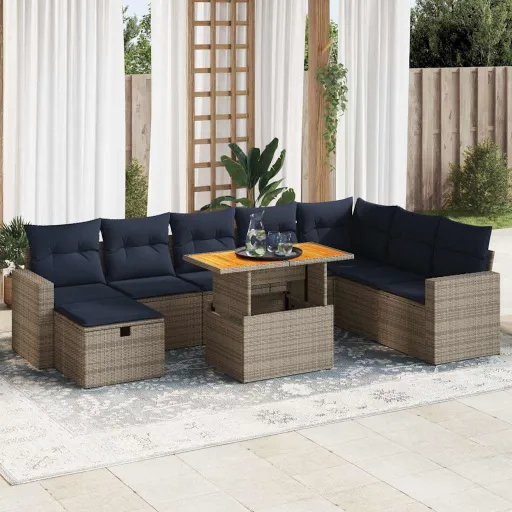 Conjunto Sofás Jardim Almofadões Vime PE/Acácia Cinzento (9 pcs)
