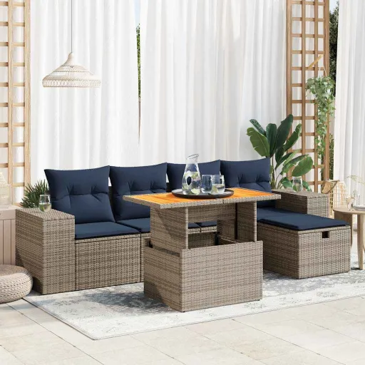 Conjunto Sofás Jardim c/ Almofadões Vime PE/Acácia Preto (6 pcs)