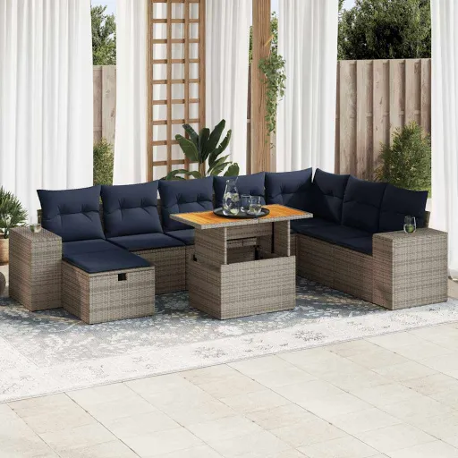 Conjunto Sofás Jardim Almofadões Vime PE/Acácia Cinzento (9 pcs)