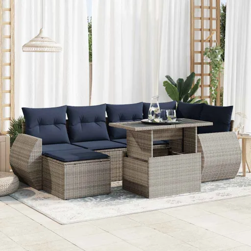 Conjunto Sofás Jardim Almofadões Vime PE/Acácia Cinzento (7 pcs)
