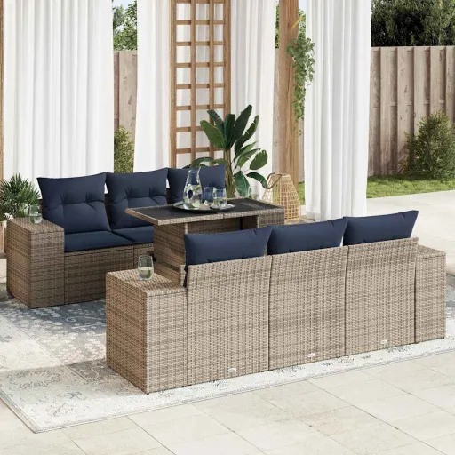 Conjunto Sofás Jardim Almofadões Vime PE/Acácia Cinzento (7 pcs)