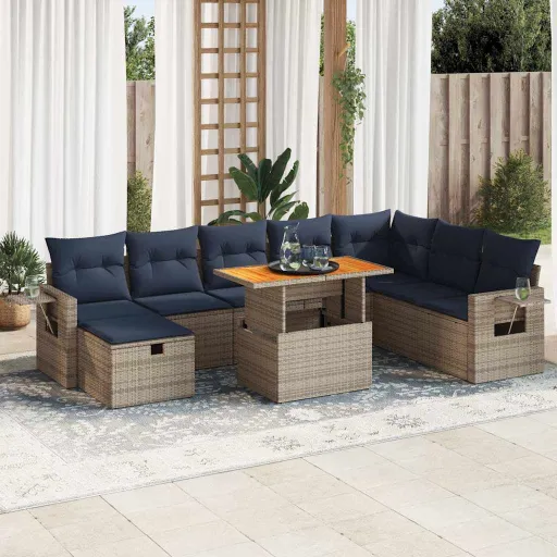 Conjunto Sofás Jardim Almofadões Vime PE/Acácia Cinzento (9 pcs)