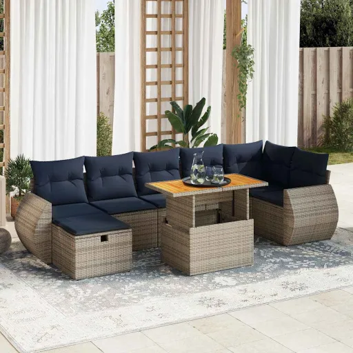 Conjunto Sofás Jardim Almofadões Vime PE/Acácia Cinzento (8 pcs)