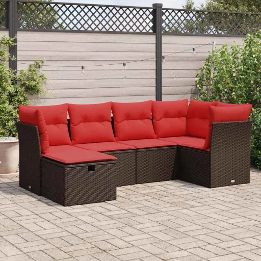 Conjunto de Sofás Jardim c/ Almofadões Vime PE Castanho (6 pcs)