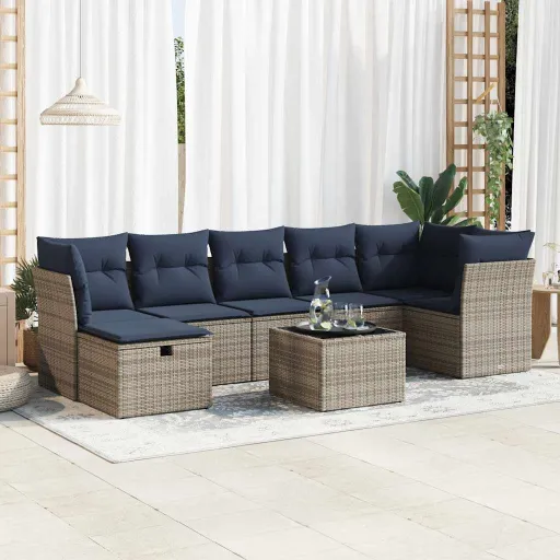 Conjunto Sofás de Jardim c/ Almofadões Vime PE Cinzento (8 pcs)