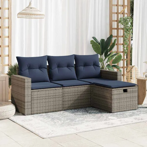 Conjunto Sofás de Jardim c/ Almofadões Vime PE Cinzento (4 pcs)