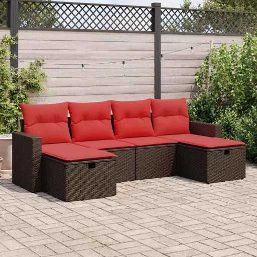 Conjunto de Sofás Jardim c/ Almofadões Vime PE Castanho (6 pcs)