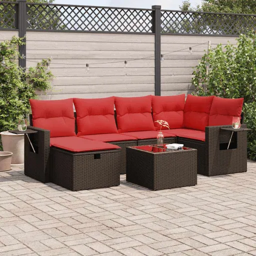 Conjunto de Sofás Jardim c/ Almofadões Vime PE Castanho (7 pcs)