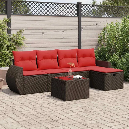 Conjunto de Sofás Jardim c/ Almofadões Vime PE Castanho (6 pcs)