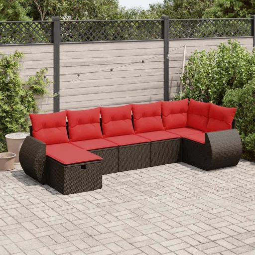 Conjunto de Sofás Jardim c/ Almofadões Vime PE Castanho (7 pcs)