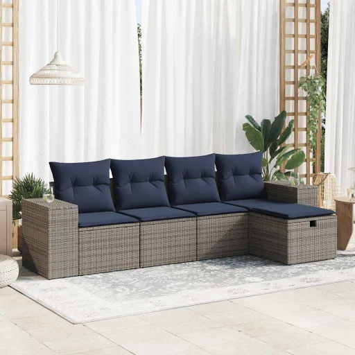 Conjunto Sofás de Jardim c/ Almofadões Vime PE Cinzento (5 pcs)