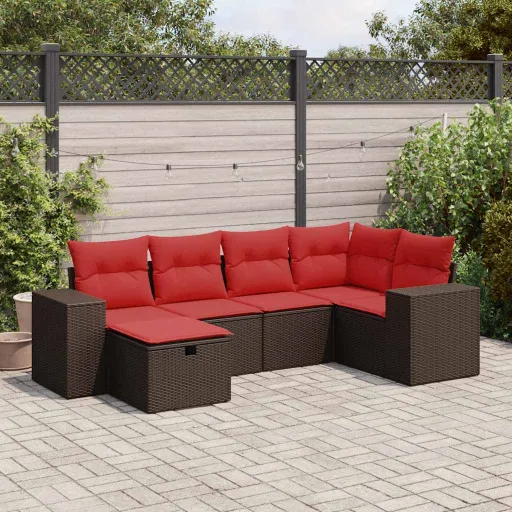 Conjunto de Sofás Jardim c/ Almofadões Vime PE Castanho (6 pcs)