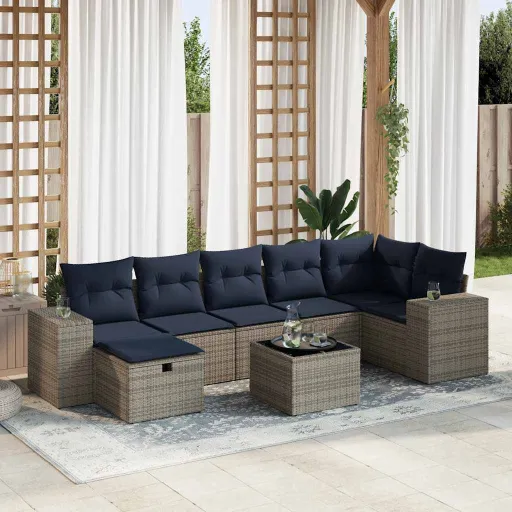 Conjunto Sofás de Jardim c/ Almofadões Vime PE Cinzento (8 pcs)