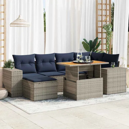 Conjunto Sofás p/ Jardim c/ Almofadões Vime PE Cinzento (7 pcs)