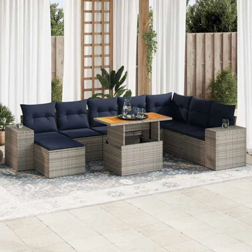 Conjunto Sofás p/ Jardim com Almofadões Vime PE Cinzento (9 pcs)