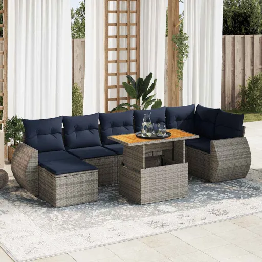 Conjunto Sofás de Jardim c/ Almofadões Vime PE Cinzento (8 pcs)