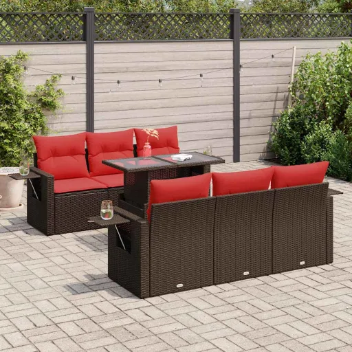 Conjunto Sofás Jardim Almofadões Vime PE/Acácia Castanho (7 pcs)