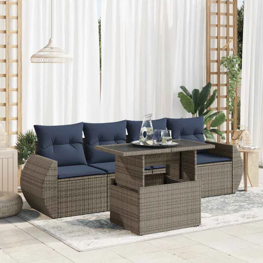 Conjunto Sofás de Jardim c/ Almofadões Acácia e Vime PE (5 pcs)